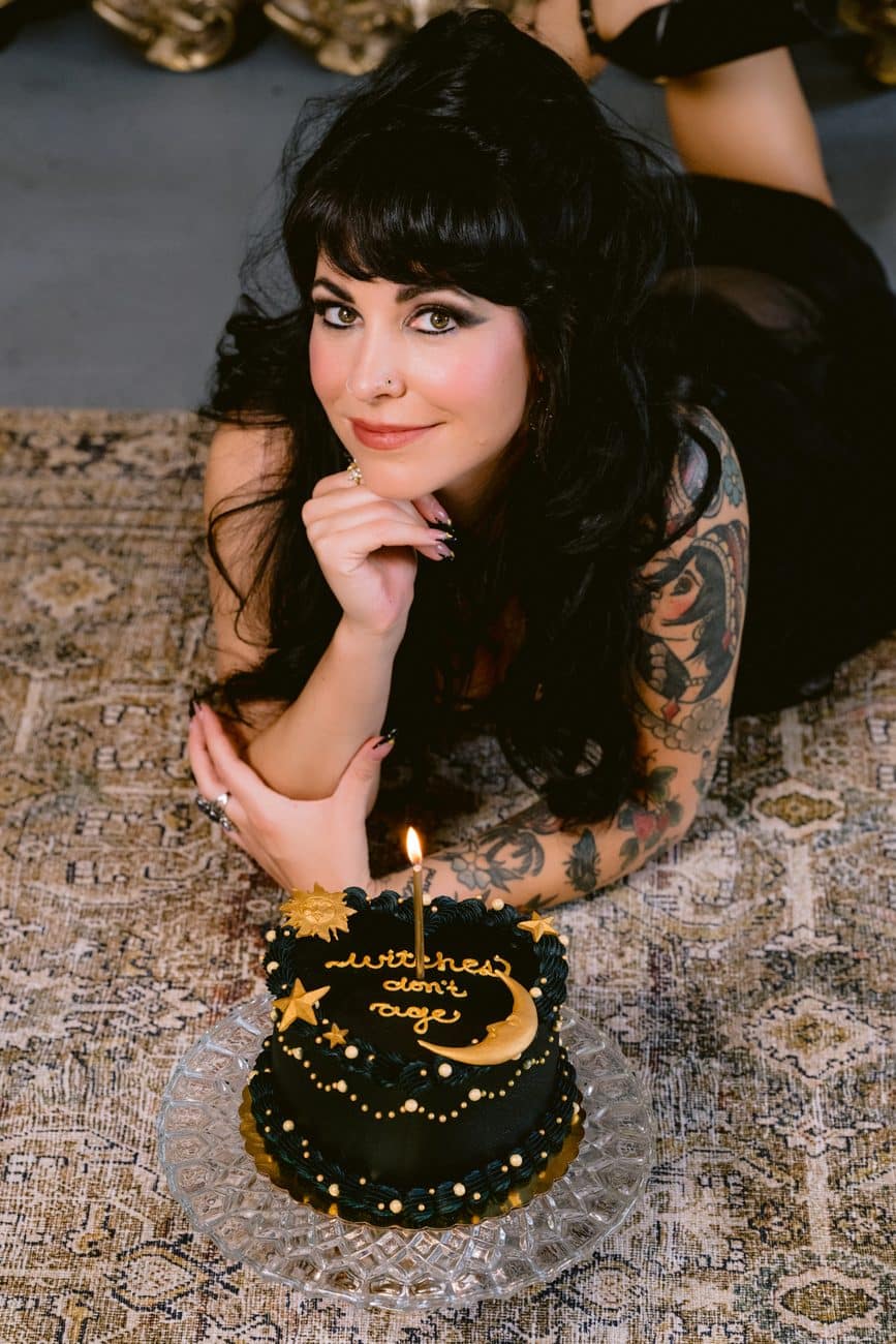 Witches Don't Age, black and gold birthday cake, boudoir shoot
