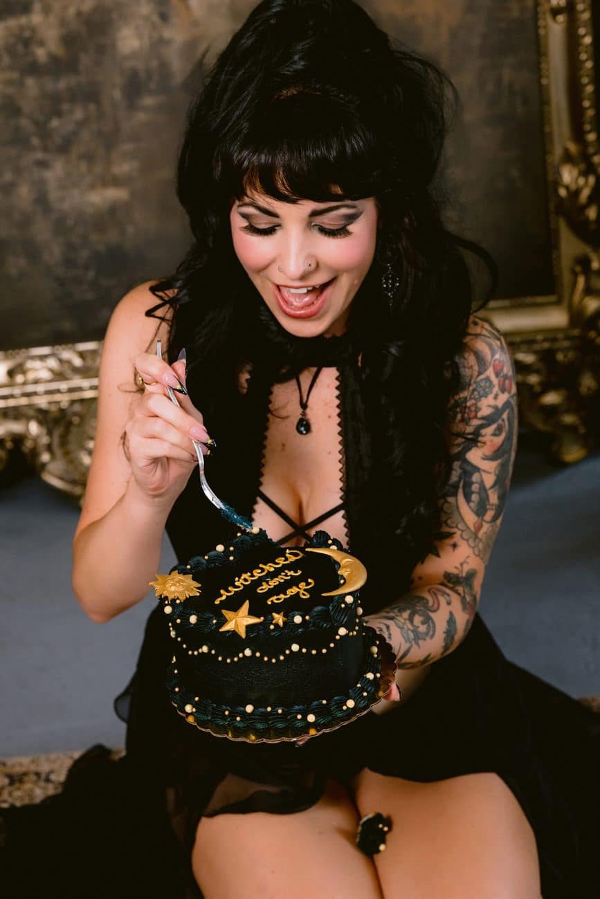 Black and gold birthday cake for boudoir session in North Wales, PA